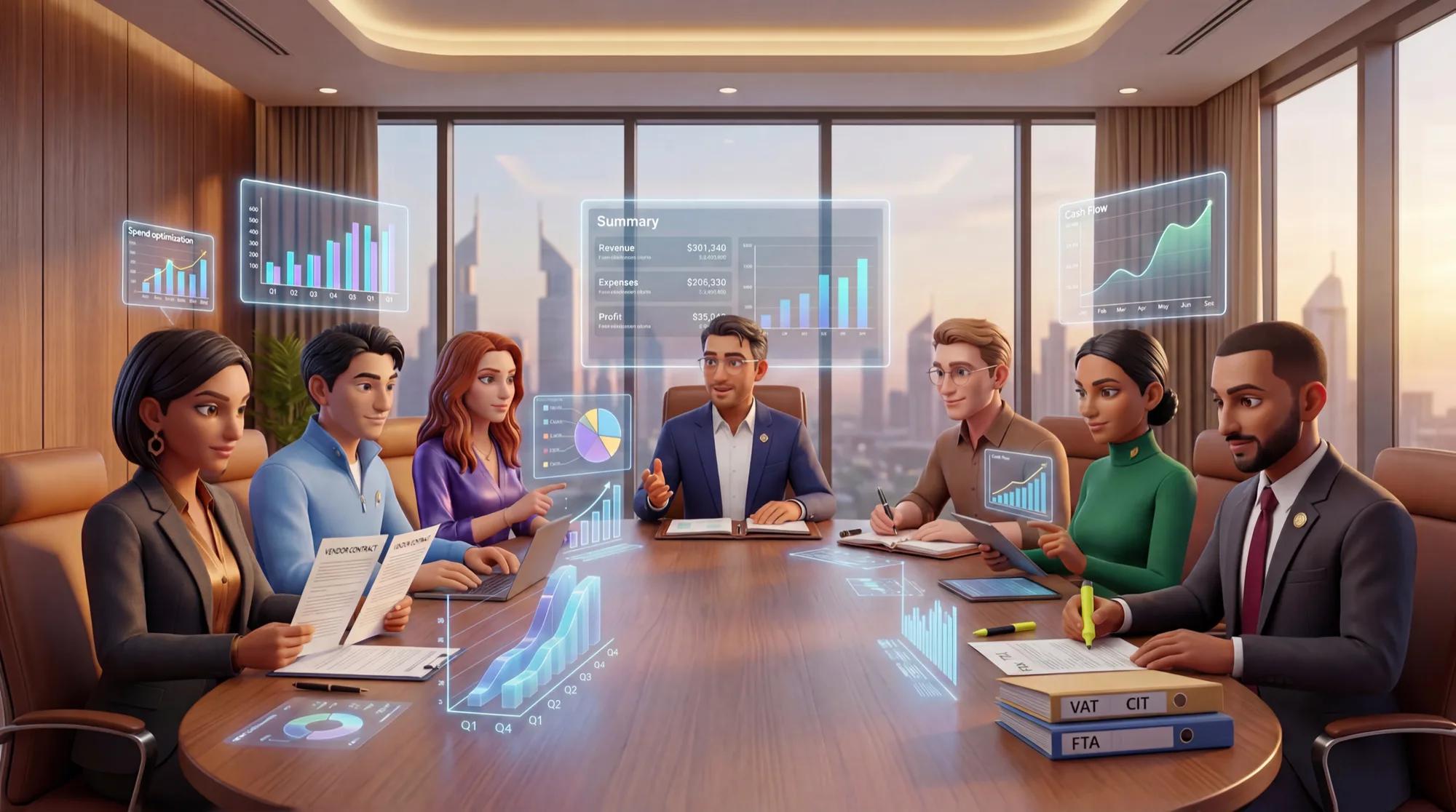 The seven OneFinance agents around a boardroom table