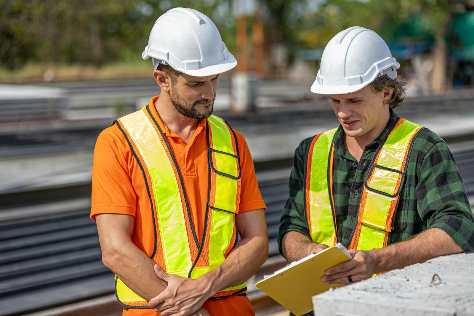 Two site engineers reviewing plans on a construction site