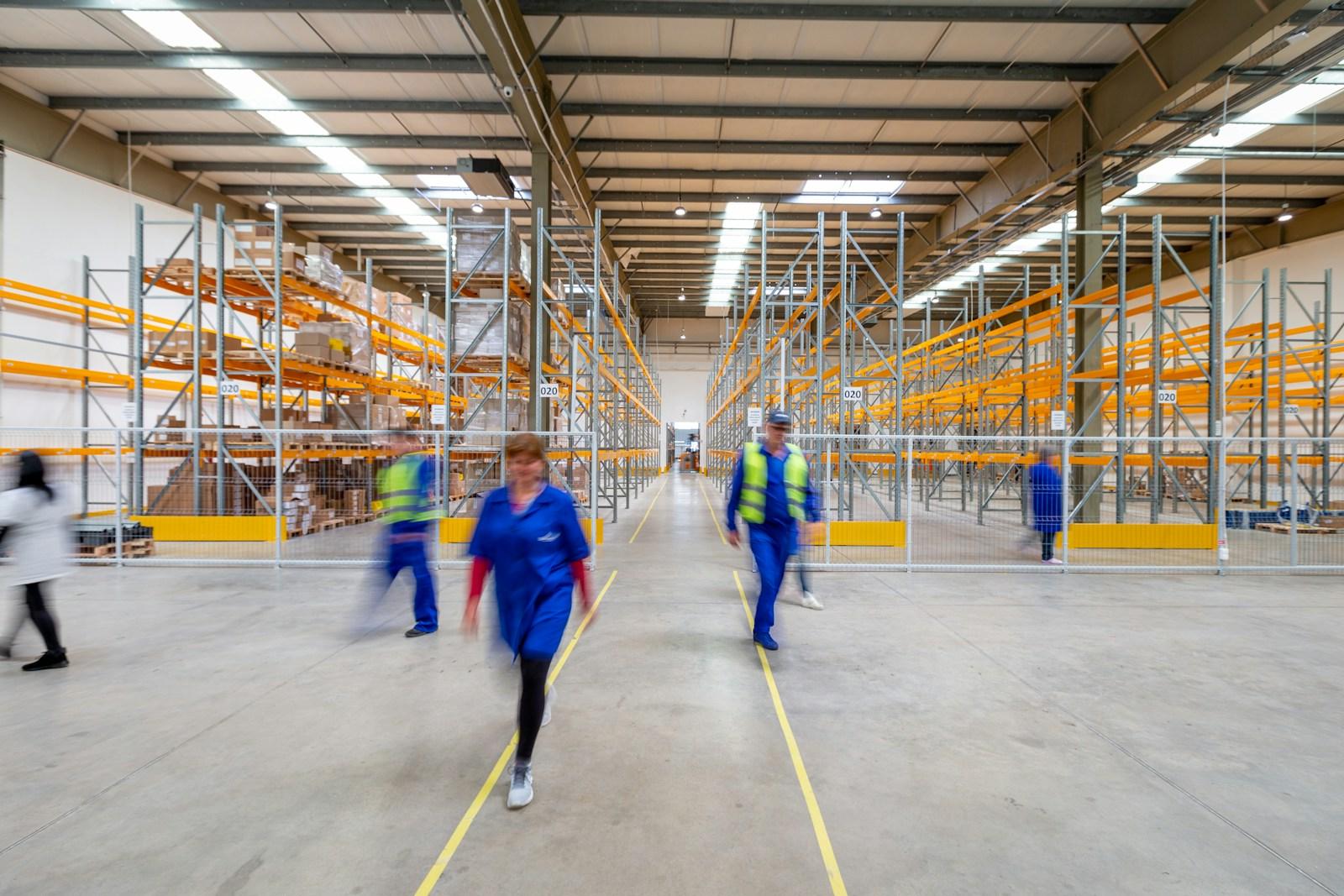 A large warehouse with racking and staff at work